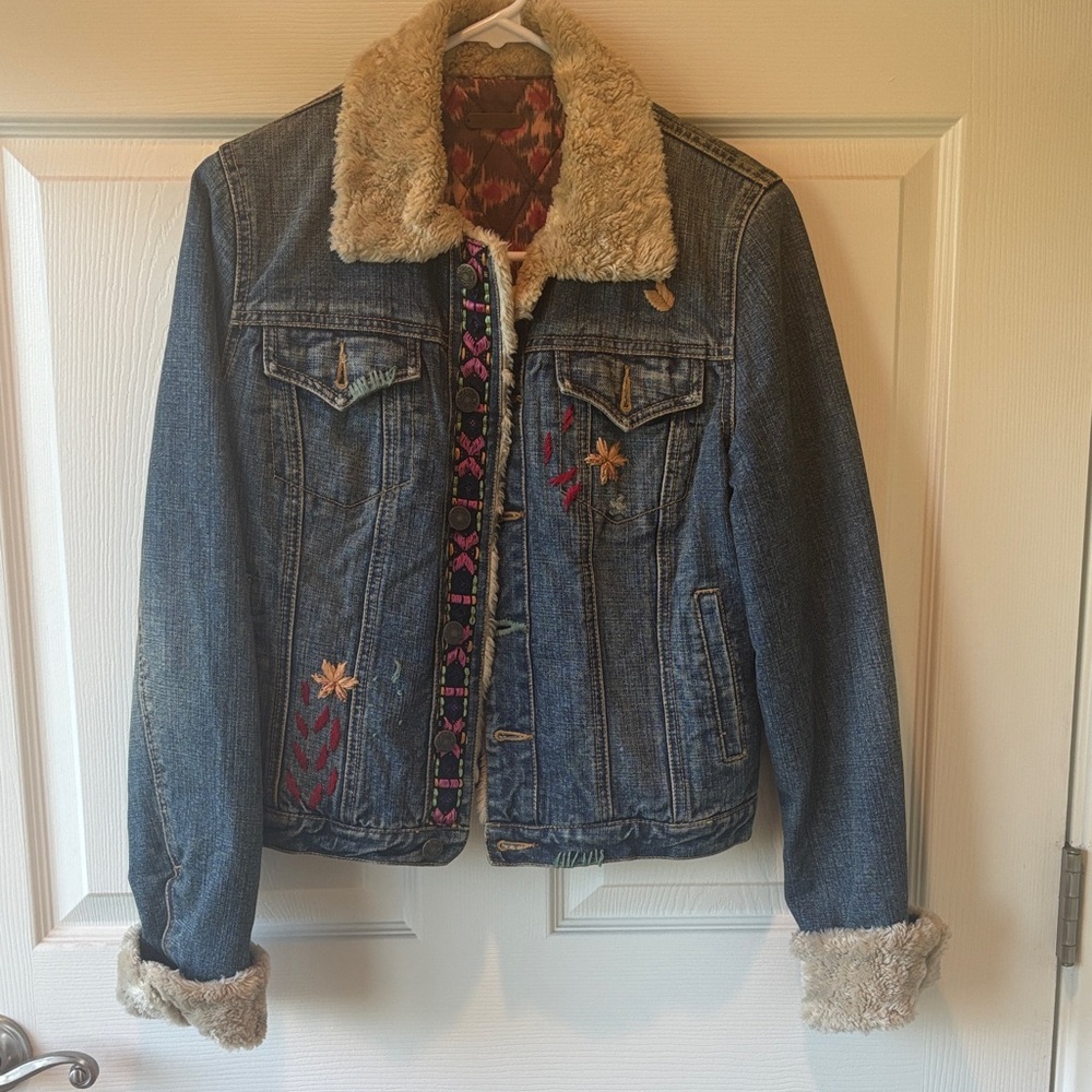 Free People Blue Denim Jacket with Embroidery and Faux Fur
